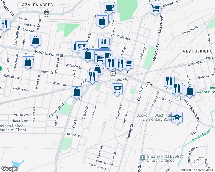 map of restaurants, bars, coffee shops, grocery stores, and more near 1045 Fairgrounds Lane in Suffolk
