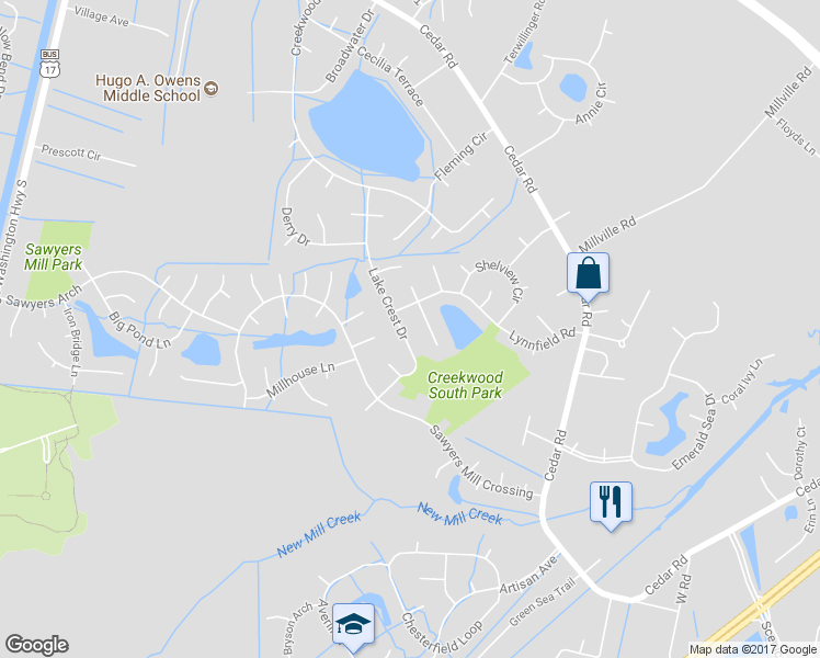 map of restaurants, bars, coffee shops, grocery stores, and more near 509 Lake Crest Drive in Chesapeake