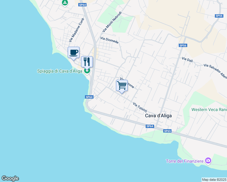 map of restaurants, bars, coffee shops, grocery stores, and more near 161 Via Tolstoj in Cava D'aliga
