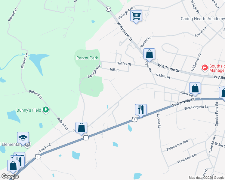 map of restaurants, bars, coffee shops, grocery stores, and more near 221 Smith Street in South Hill