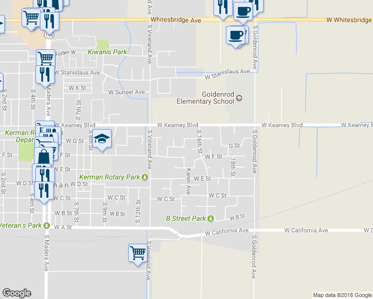 map of restaurants, bars, coffee shops, grocery stores, and more near 14325 West Palm Avenue in Kerman