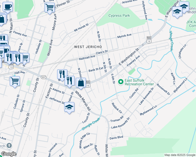 map of restaurants, bars, coffee shops, grocery stores, and more near 1106 East Washington Street in Suffolk