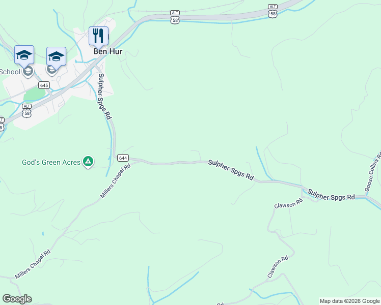 map of restaurants, bars, coffee shops, grocery stores, and more near 971 Sulpher Springs Road in Pennington Gap