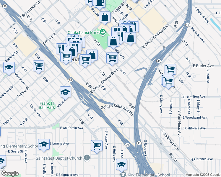 map of restaurants, bars, coffee shops, grocery stores, and more near 1553 Santa Clara Street in Fresno