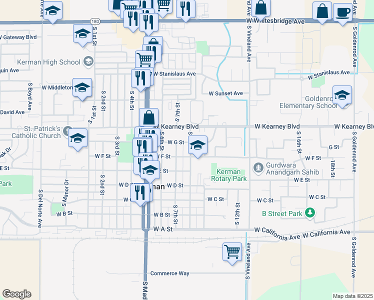 map of restaurants, bars, coffee shops, grocery stores, and more near 575 South 8th Street in Kerman
