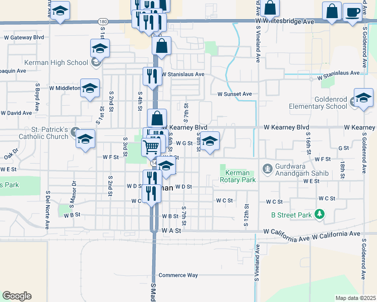map of restaurants, bars, coffee shops, grocery stores, and more near 575 South 8th Street in Kerman