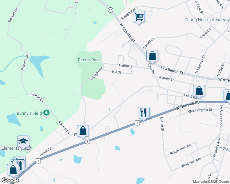 map of restaurants, bars, coffee shops, grocery stores, and more near 221 Smith Street in South Hill