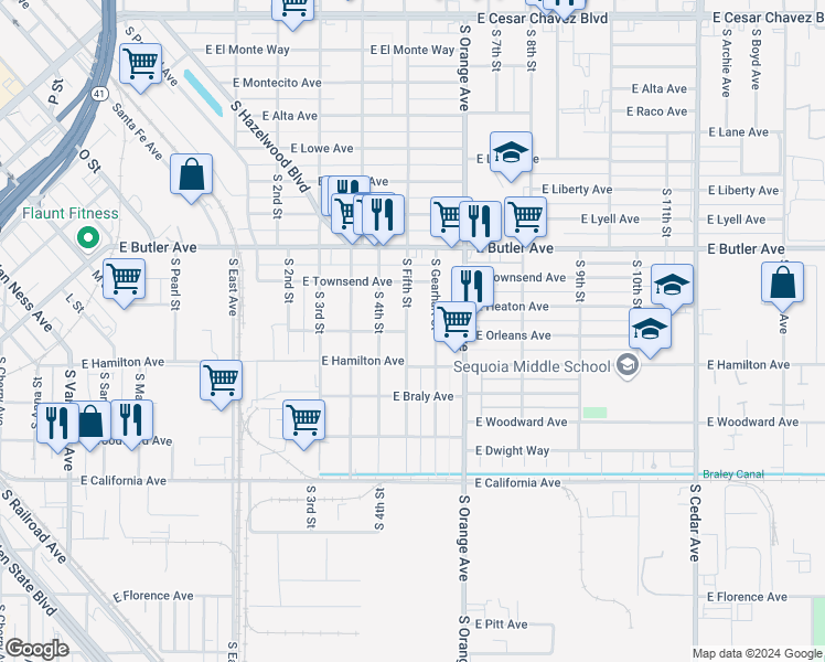 map of restaurants, bars, coffee shops, grocery stores, and more near 1649 South Fifth Street in Fresno