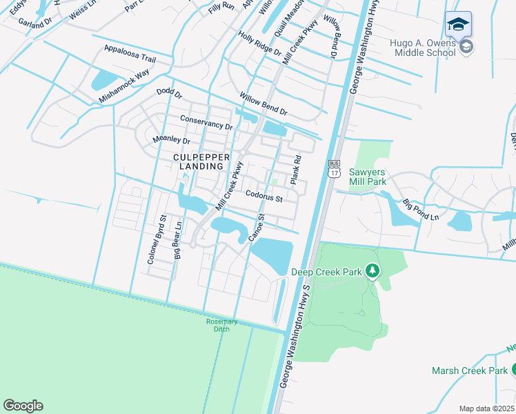map of restaurants, bars, coffee shops, grocery stores, and more near 612 Canoe Street in Chesapeake