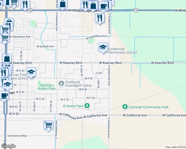 map of restaurants, bars, coffee shops, grocery stores, and more near 14145 G Street in Kerman