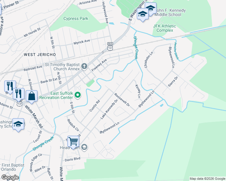 map of restaurants, bars, coffee shops, grocery stores, and more near 1200 Truman Road in Suffolk