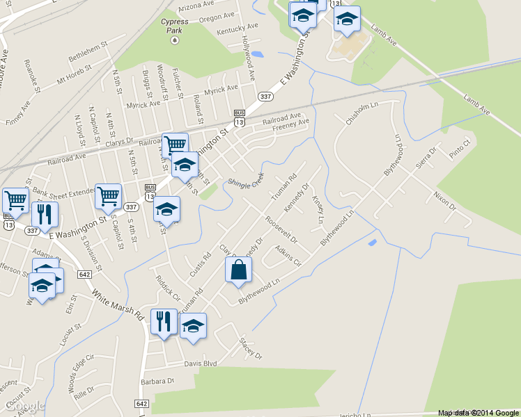 map of restaurants, bars, coffee shops, grocery stores, and more near 1200 Truman Road in Suffolk