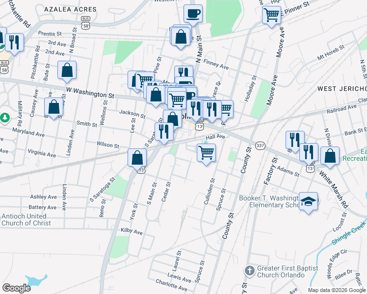 map of restaurants, bars, coffee shops, grocery stores, and more near 1045 Fairgrounds Lane in Suffolk