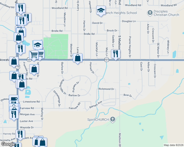 map of restaurants, bars, coffee shops, grocery stores, and more near 1757 Harned Drive in Bartlesville
