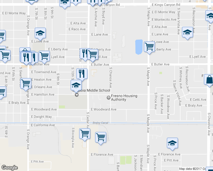 map of restaurants, bars, coffee shops, grocery stores, and more near 1650 South Chance Avenue in Fresno