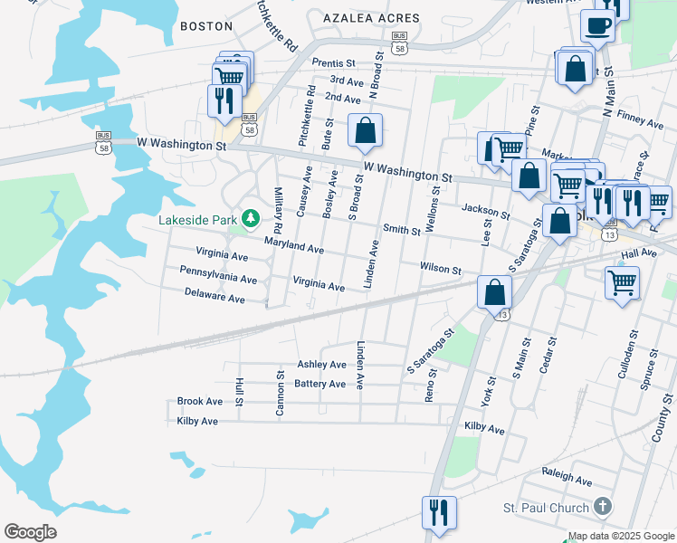 map of restaurants, bars, coffee shops, grocery stores, and more near 309 South Broad Street in Suffolk