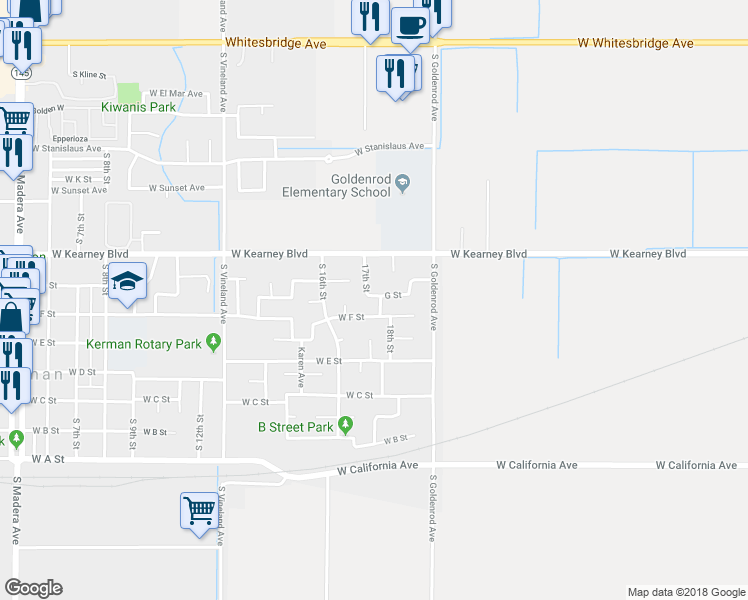 map of restaurants, bars, coffee shops, grocery stores, and more near 14145 G Street in Kerman