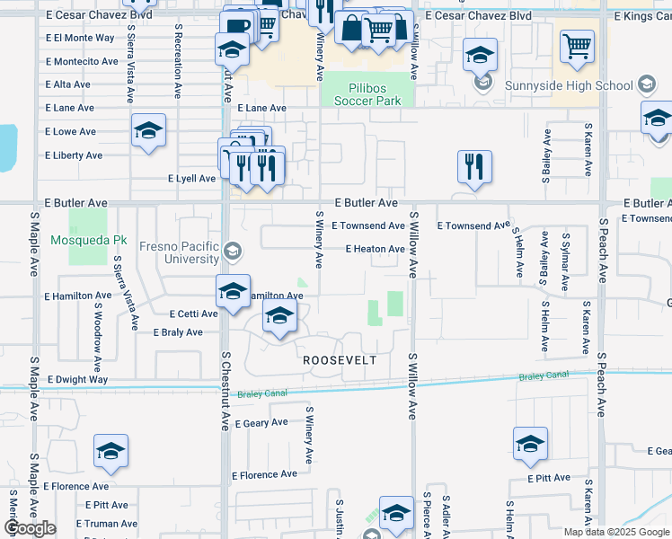 map of restaurants, bars, coffee shops, grocery stores, and more near 1717 South Winery Avenue in Fresno