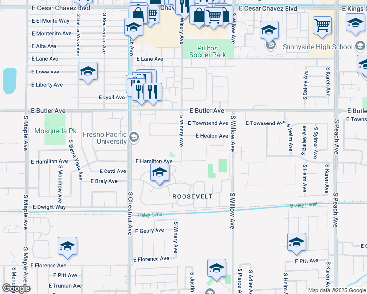 map of restaurants, bars, coffee shops, grocery stores, and more near 1717 South Winery Avenue in Fresno