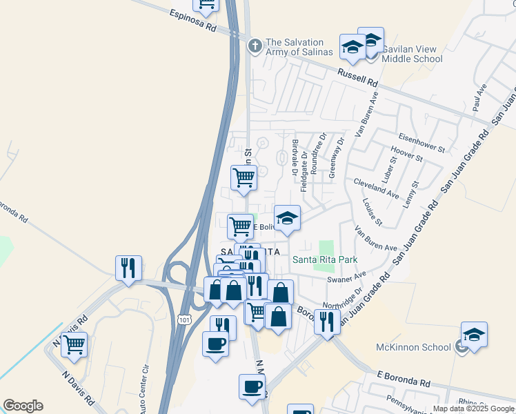 map of restaurants, bars, coffee shops, grocery stores, and more near 2160 North Main Street in Salinas