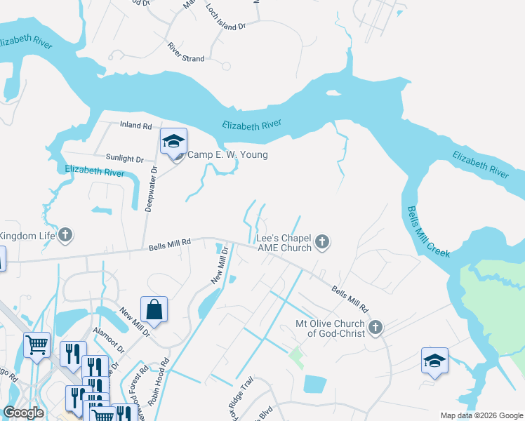 map of restaurants, bars, coffee shops, grocery stores, and more near 1104 Ash Hill Court in Chesapeake