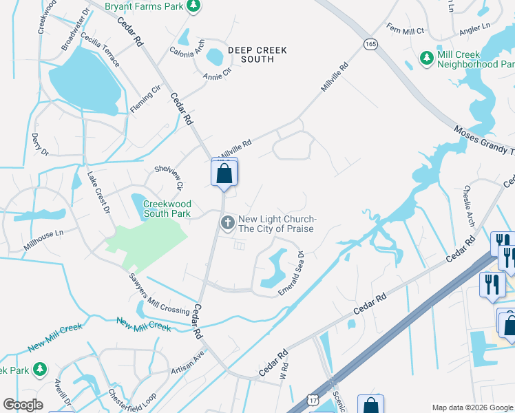 map of restaurants, bars, coffee shops, grocery stores, and more near 2123 Brennhaven Trail in Chesapeake