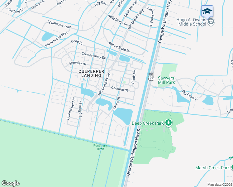 map of restaurants, bars, coffee shops, grocery stores, and more near 612 Canoe Street in Chesapeake