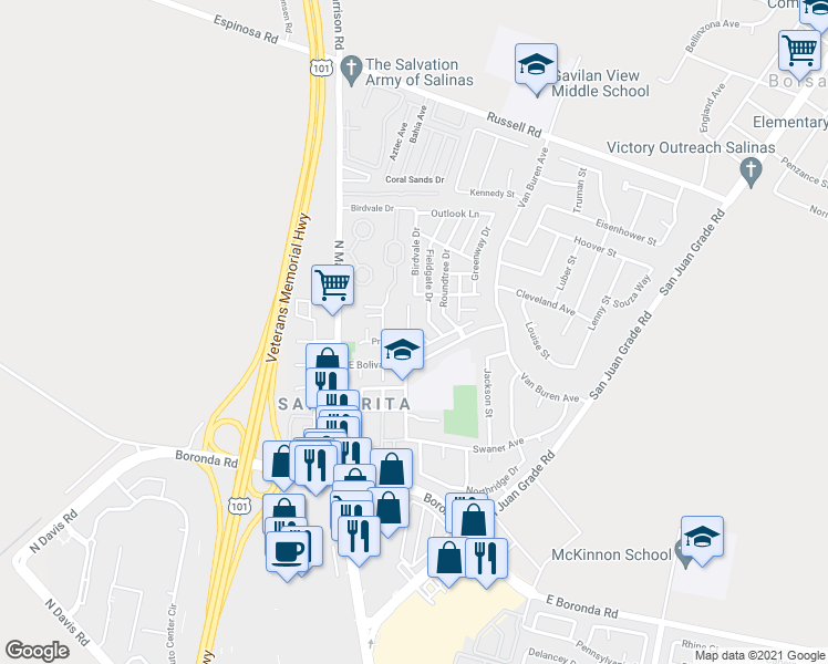 map of restaurants, bars, coffee shops, grocery stores, and more near 140 Prado Street in Salinas