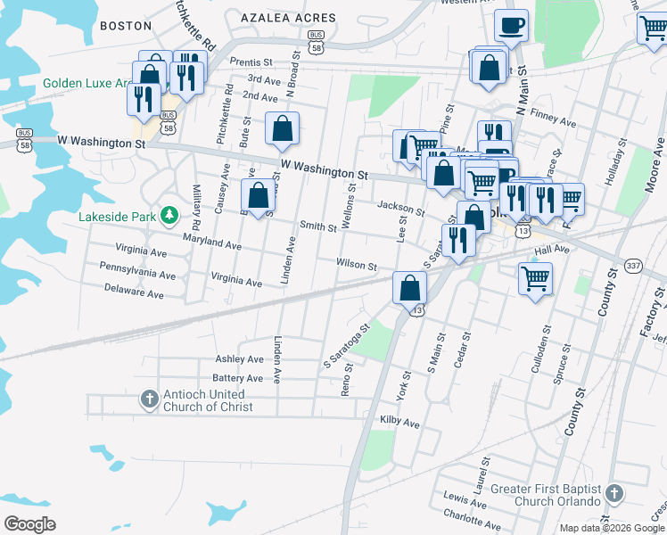 map of restaurants, bars, coffee shops, grocery stores, and more near 306 Saint James Avenue in Suffolk