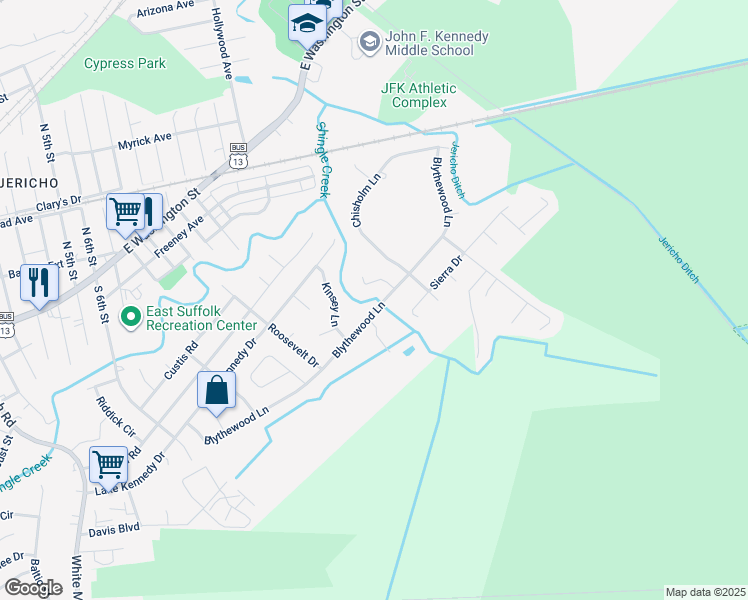 map of restaurants, bars, coffee shops, grocery stores, and more near 1228 Blythewood Lane in Suffolk
