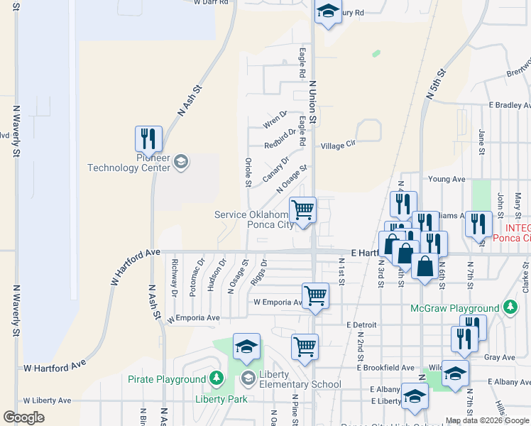 map of restaurants, bars, coffee shops, grocery stores, and more near 301 West Hartford Avenue in Ponca City