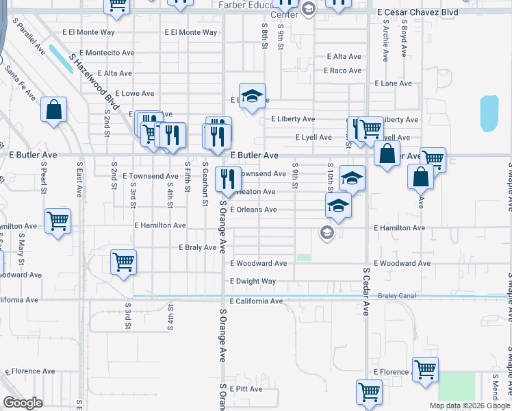 map of restaurants, bars, coffee shops, grocery stores, and more near 3745 East Orleans Avenue in Fresno