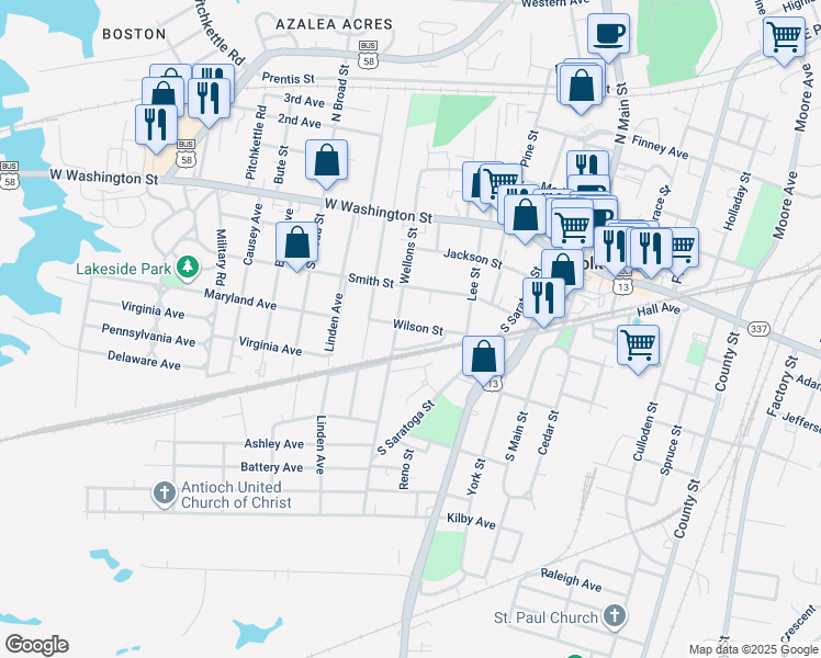 map of restaurants, bars, coffee shops, grocery stores, and more near 443 Wilson Street in Suffolk
