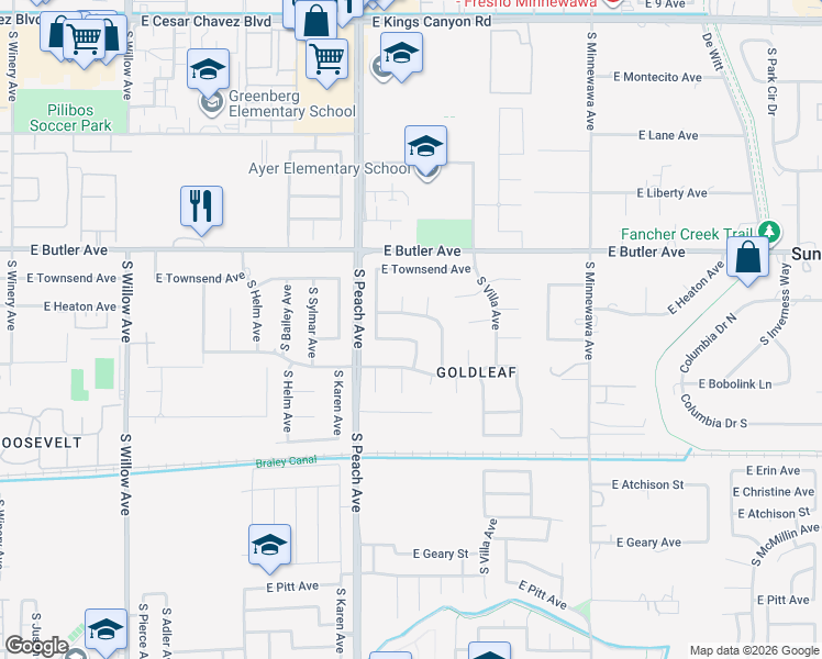 map of restaurants, bars, coffee shops, grocery stores, and more near 5243 East Orleans Avenue in Fresno