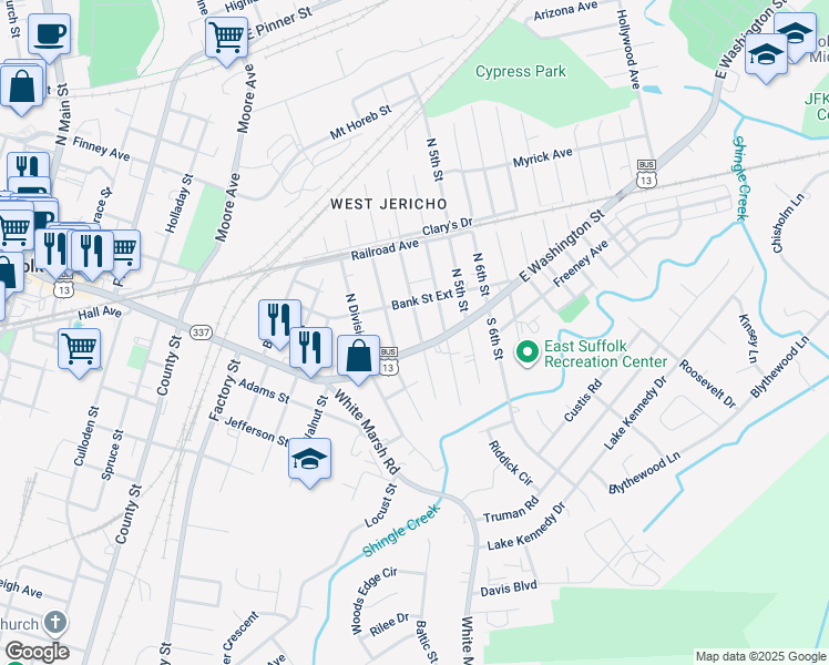 map of restaurants, bars, coffee shops, grocery stores, and more near 105 North Capital Street in Suffolk