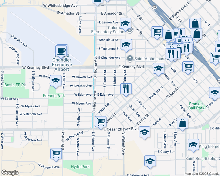 map of restaurants, bars, coffee shops, grocery stores, and more near 130 East Strother Avenue in Fresno