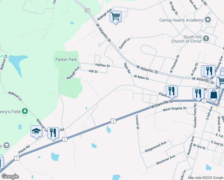 map of restaurants, bars, coffee shops, grocery stores, and more near 1050 Plank Road in South Hill