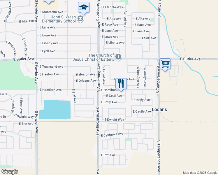 map of restaurants, bars, coffee shops, grocery stores, and more near 6571 East Harwood Avenue in Fresno