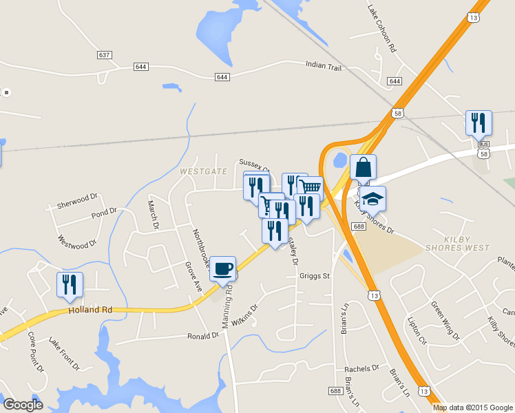 map of restaurants, bars, coffee shops, grocery stores, and more near 1524 Holland Road in Suffolk