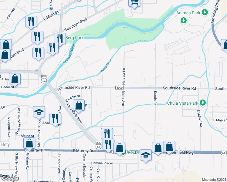 map of restaurants, bars, coffee shops, grocery stores, and more near 2105 Southside River Road in Farmington