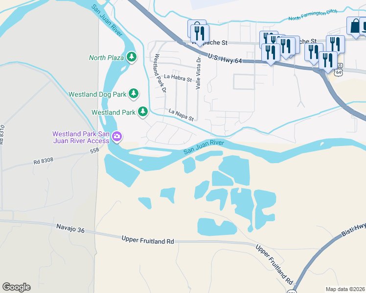 map of restaurants, bars, coffee shops, grocery stores, and more near 2715 La Puente Street in Farmington