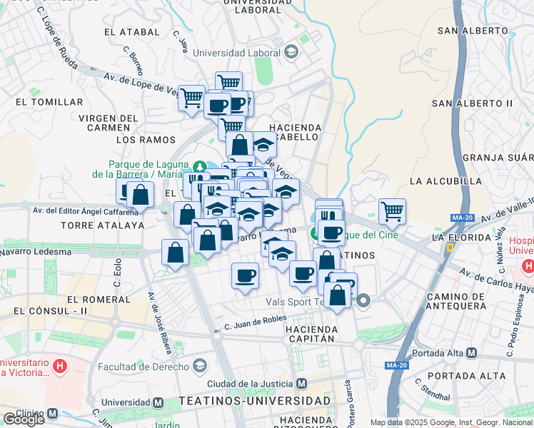 map of restaurants, bars, coffee shops, grocery stores, and more near 15 Calle Juan de Rihuerga in Málaga