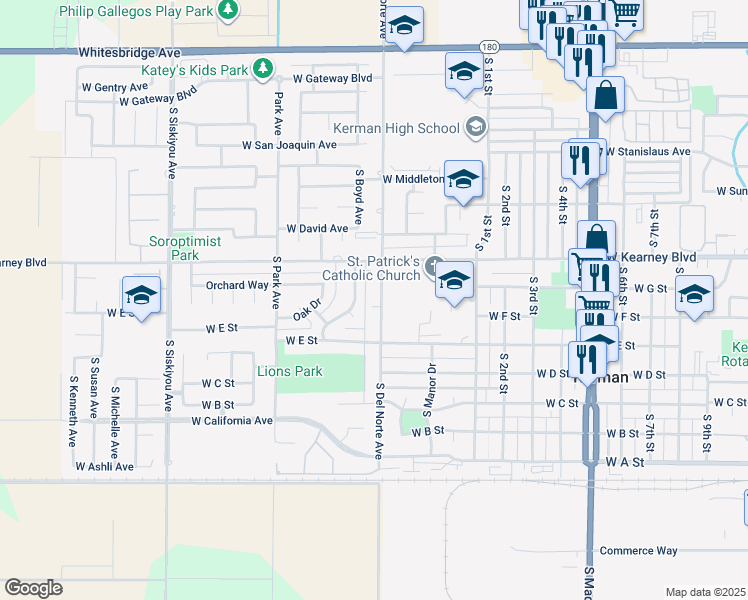 map of restaurants, bars, coffee shops, grocery stores, and more near 541 South Del Norte Avenue in Kerman