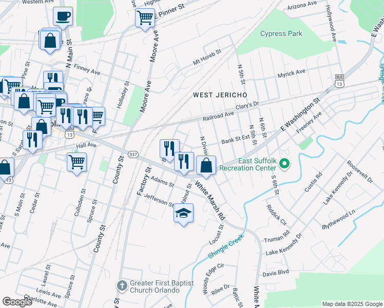 map of restaurants, bars, coffee shops, grocery stores, and more near 119 Halifax Street in Suffolk