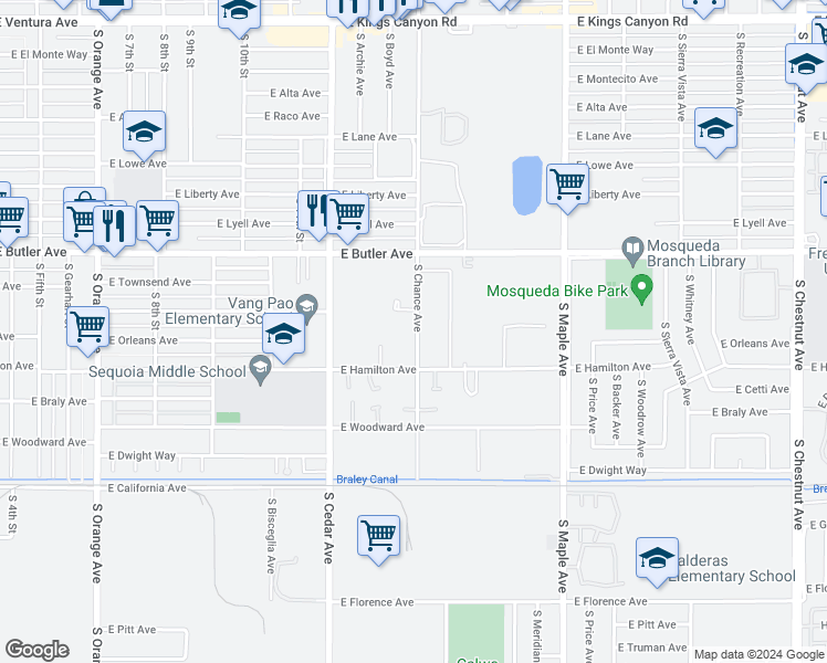map of restaurants, bars, coffee shops, grocery stores, and more near 1650 South Chance Avenue in Fresno