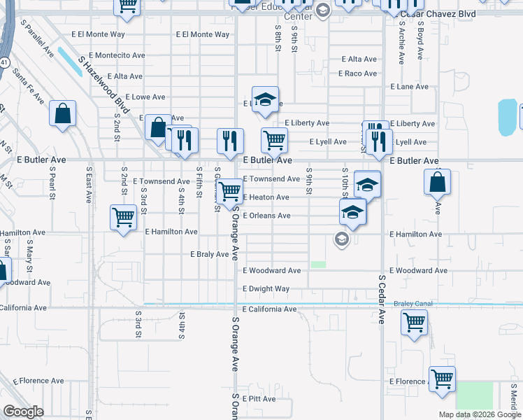 map of restaurants, bars, coffee shops, grocery stores, and more near 3745 East Orleans Avenue in Fresno