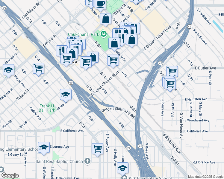 map of restaurants, bars, coffee shops, grocery stores, and more near 1553 Santa Clara Street in Fresno