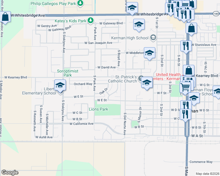 map of restaurants, bars, coffee shops, grocery stores, and more near 15661 Oak Drive in Kerman