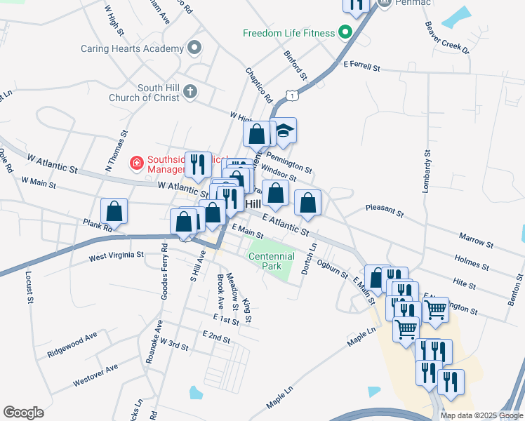 map of restaurants, bars, coffee shops, grocery stores, and more near 207 East Atlantic Street in South Hill