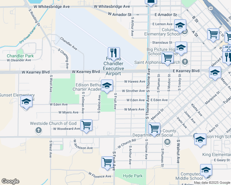 map of restaurants, bars, coffee shops, grocery stores, and more near 1616 South Fruit Avenue in Fresno